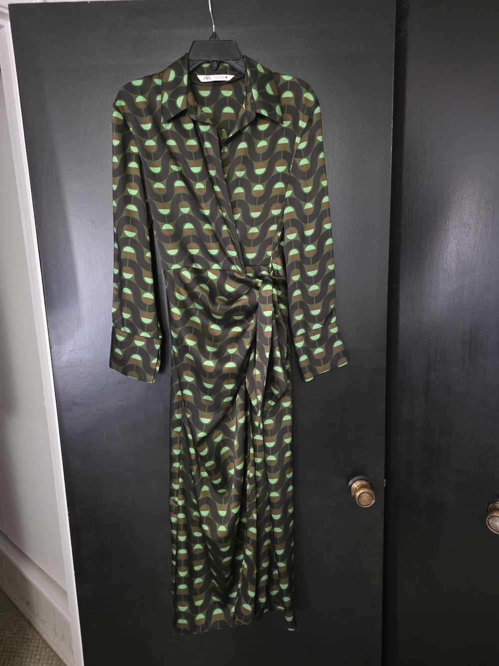 Zara Black Geometric Print Wrap Dress with Green and Brown Accents Size M